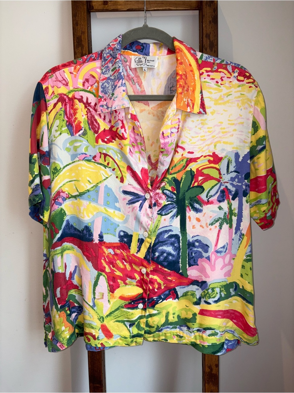 Vintage Michael Leu 100% Silk Tropical Hawaiian Button-Up Blouse Top Size Large